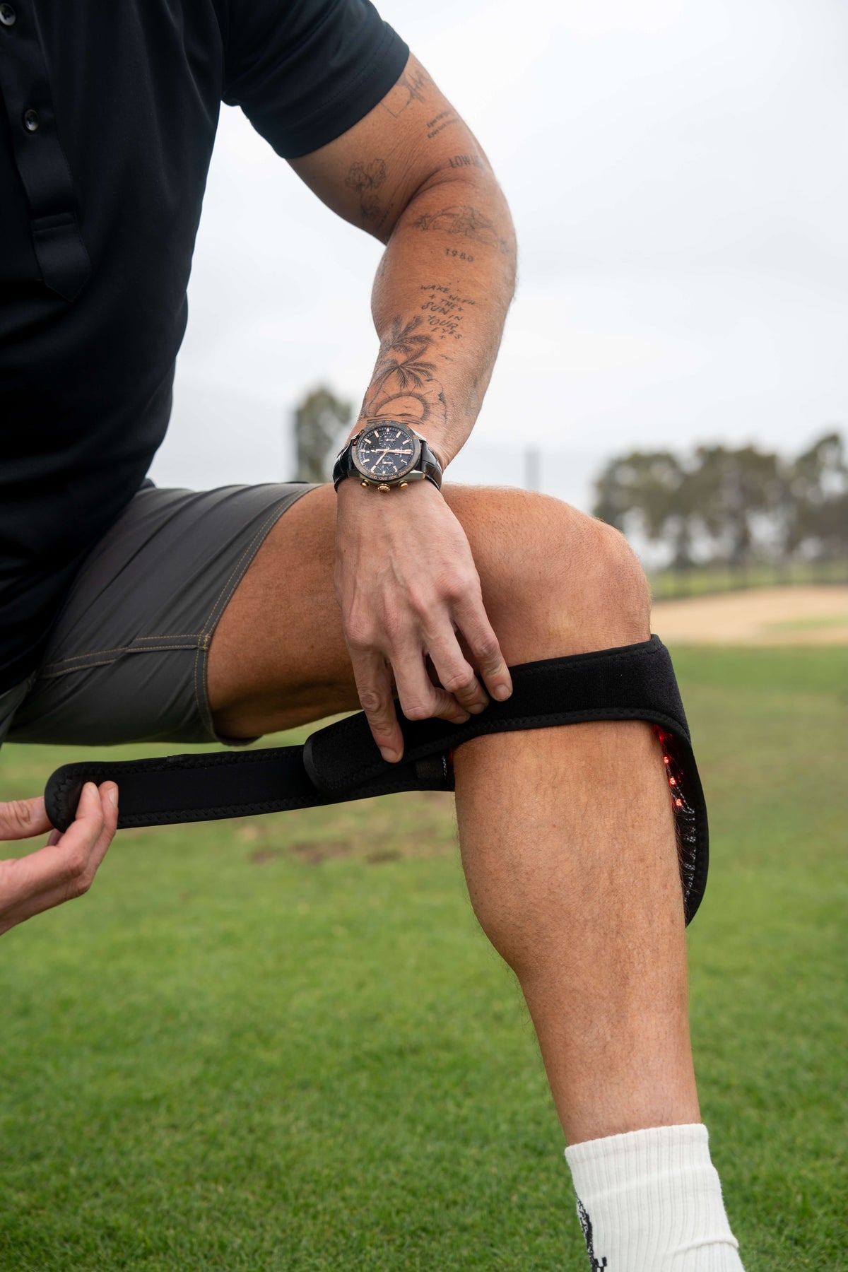 Red light therapy wrap on knee with near-infrared LEDs